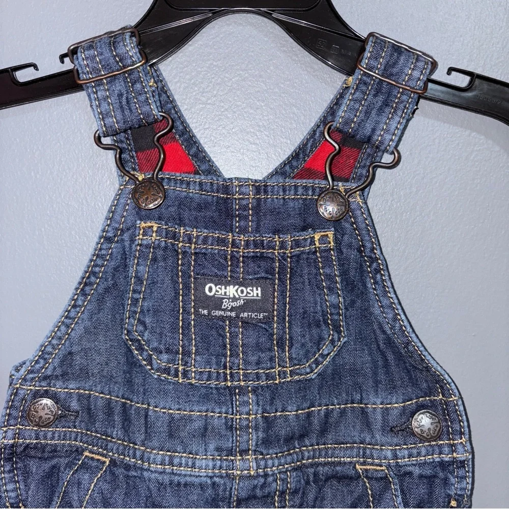 OshKosh B'gosh Classic Blue Overalls Lined Red Checkered Accents Infants 6m